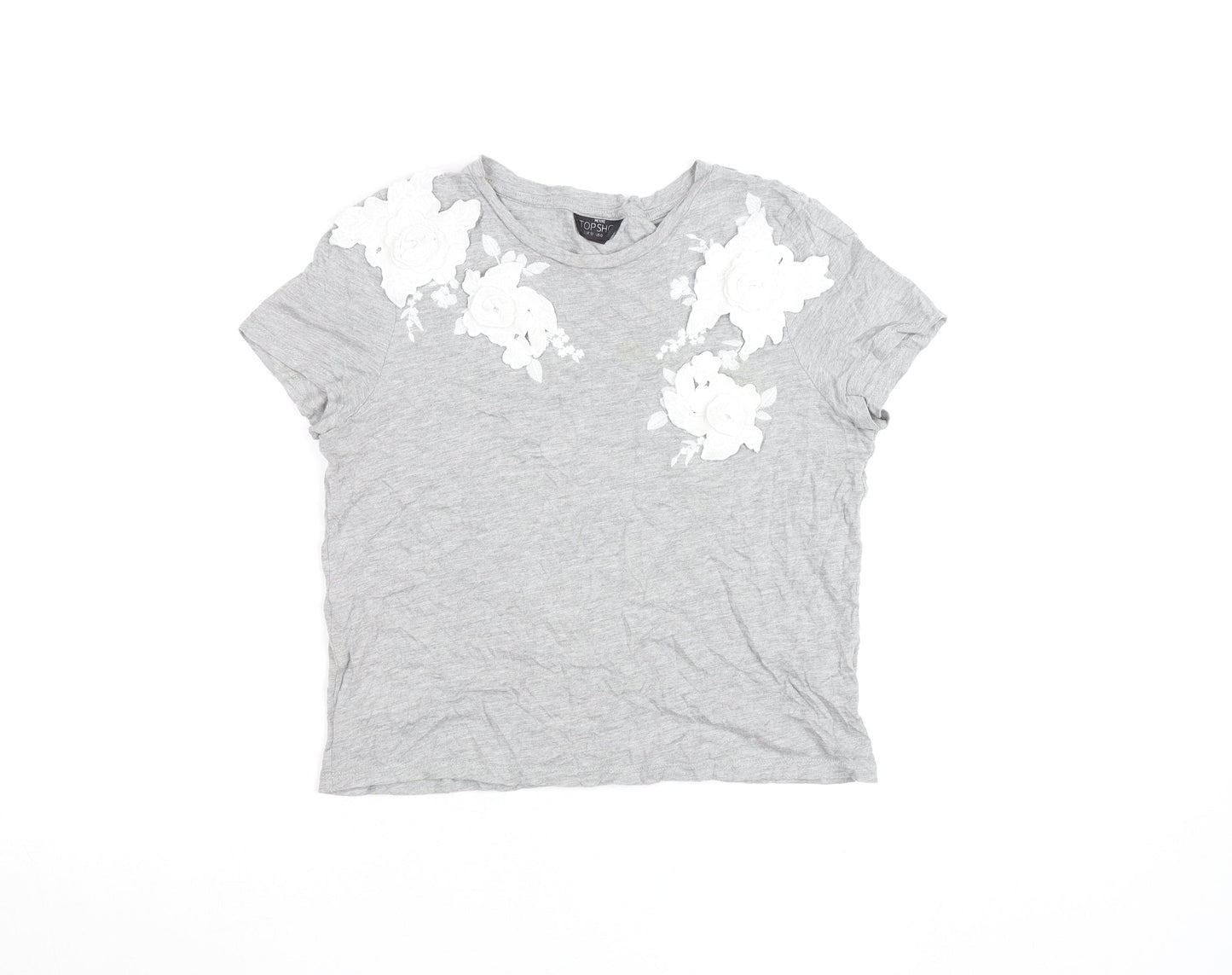 Topshop Petite Grey Floral Embroidered Cotton T-Shirt Size 4