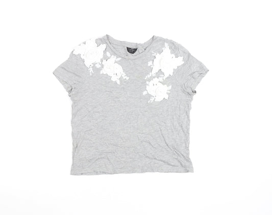 Topshop Petite Grey Floral Embroidered Cotton T-Shirt Size 4