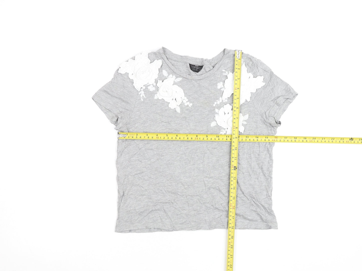 Topshop Petite Grey Floral Embroidered Cotton T-Shirt Size 4