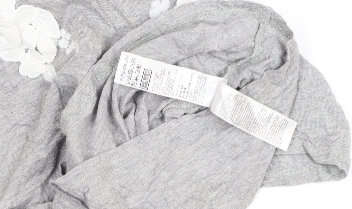 Topshop Petite Grey Floral Embroidered Cotton T-Shirt Size 4