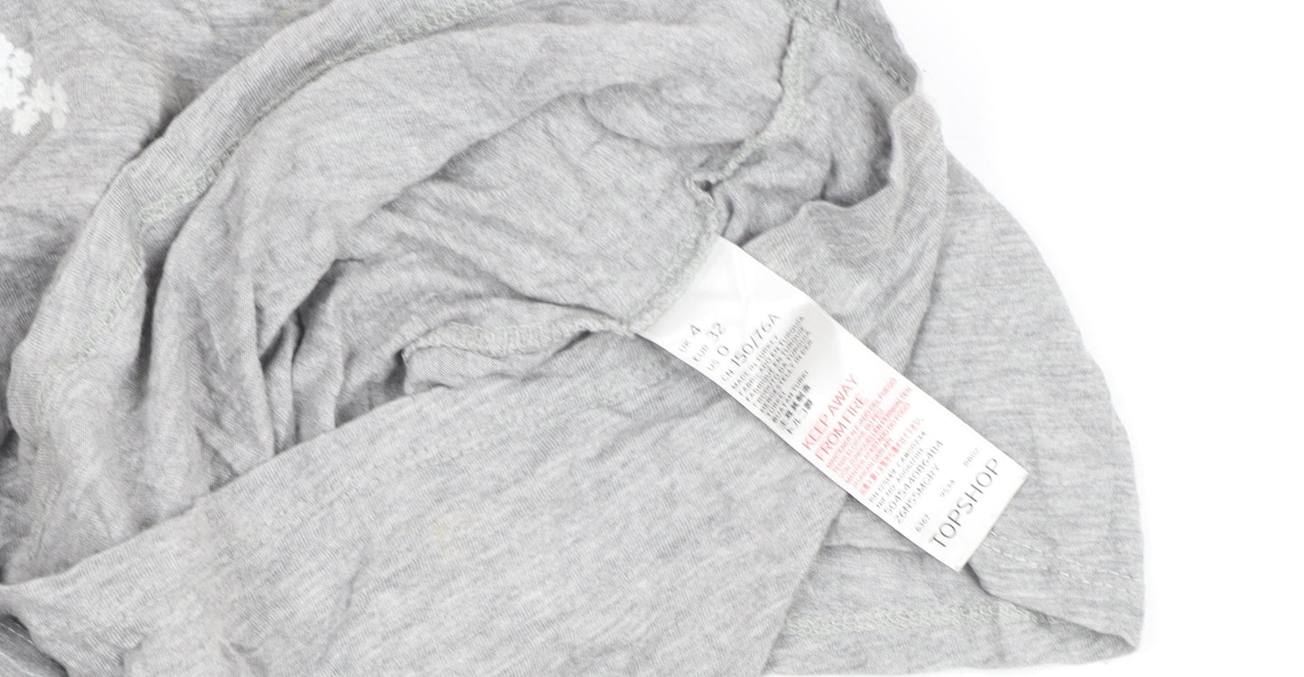 Topshop Petite Grey Floral Embroidered Cotton T-Shirt Size 4