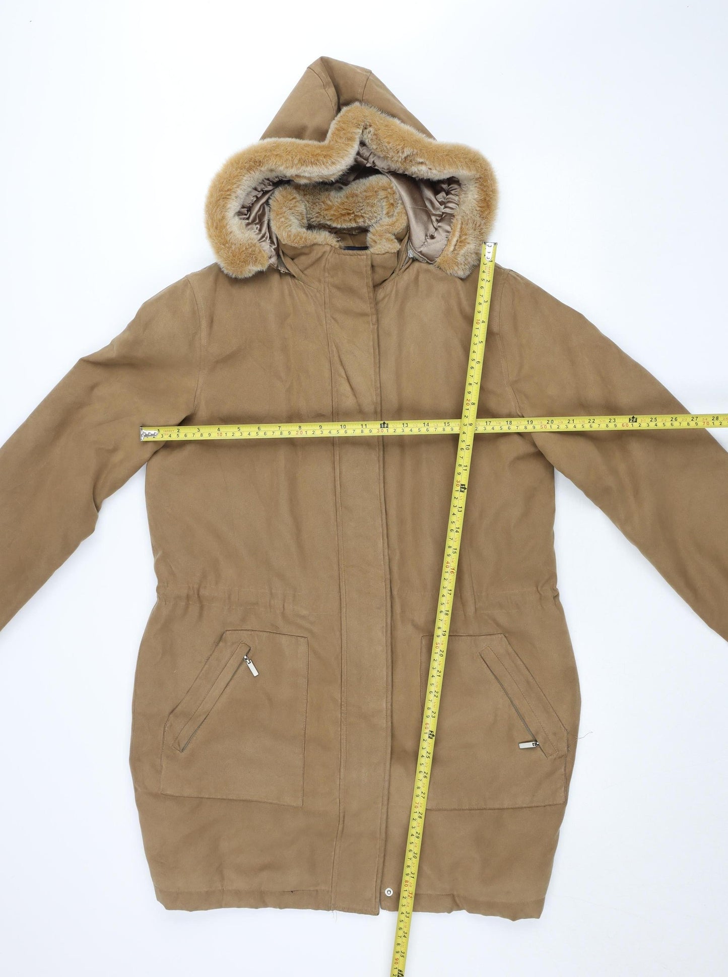 Debenhams Women Beige Faux Suede Faux Fur Hooded Parka Coat Size 12