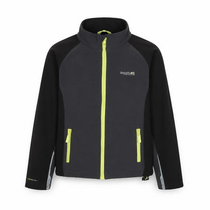 Front view of Regatta boys’ black softshell jacket 9-10 years zip lightweight outdoor