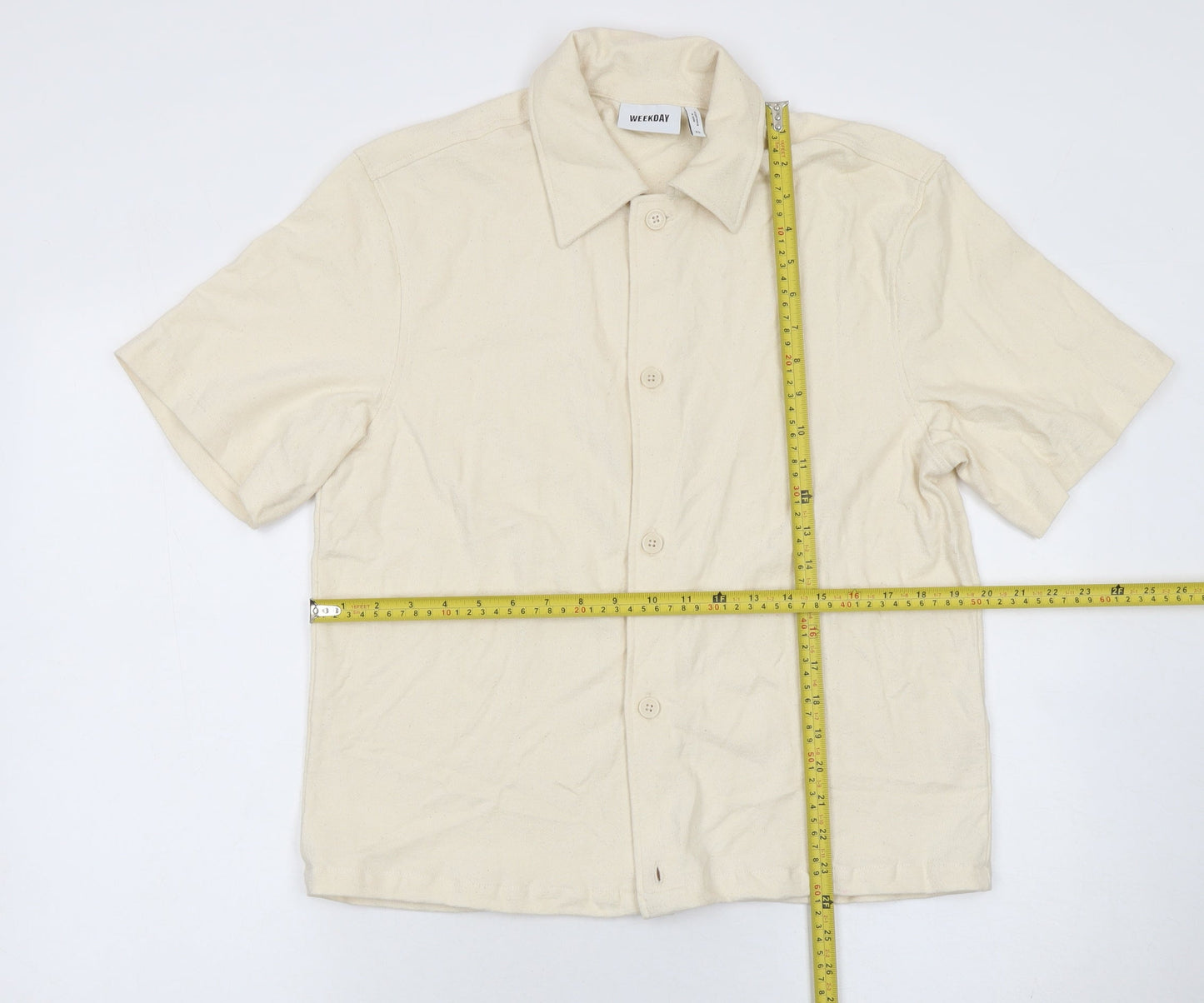 Weekday Women Beige Cotton Short Sleeve Button-Up Shirt XS