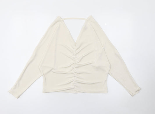 River Island Women’s Ivory Ruched V-Neck Cropped Blouse Size 8