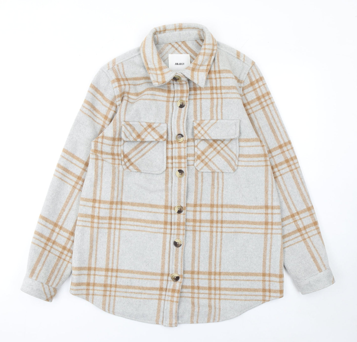 Object Women Beige Check Wool Blend Shirt Jacket Size 6