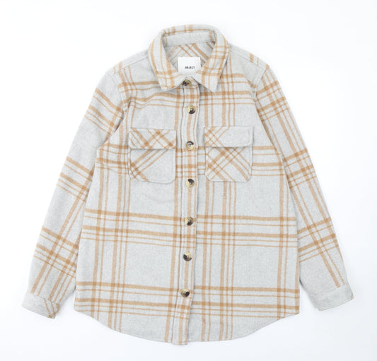 Object Women Beige Check Wool Blend Shirt Jacket Size 6