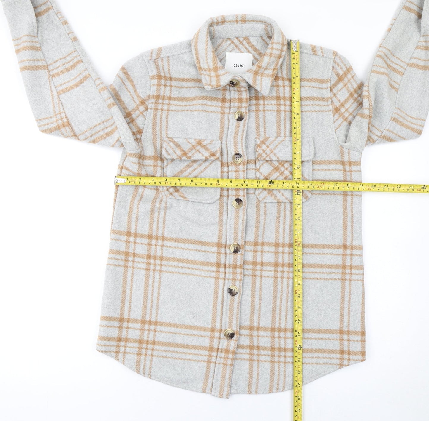 Object Women Beige Check Wool Blend Shirt Jacket Size 6