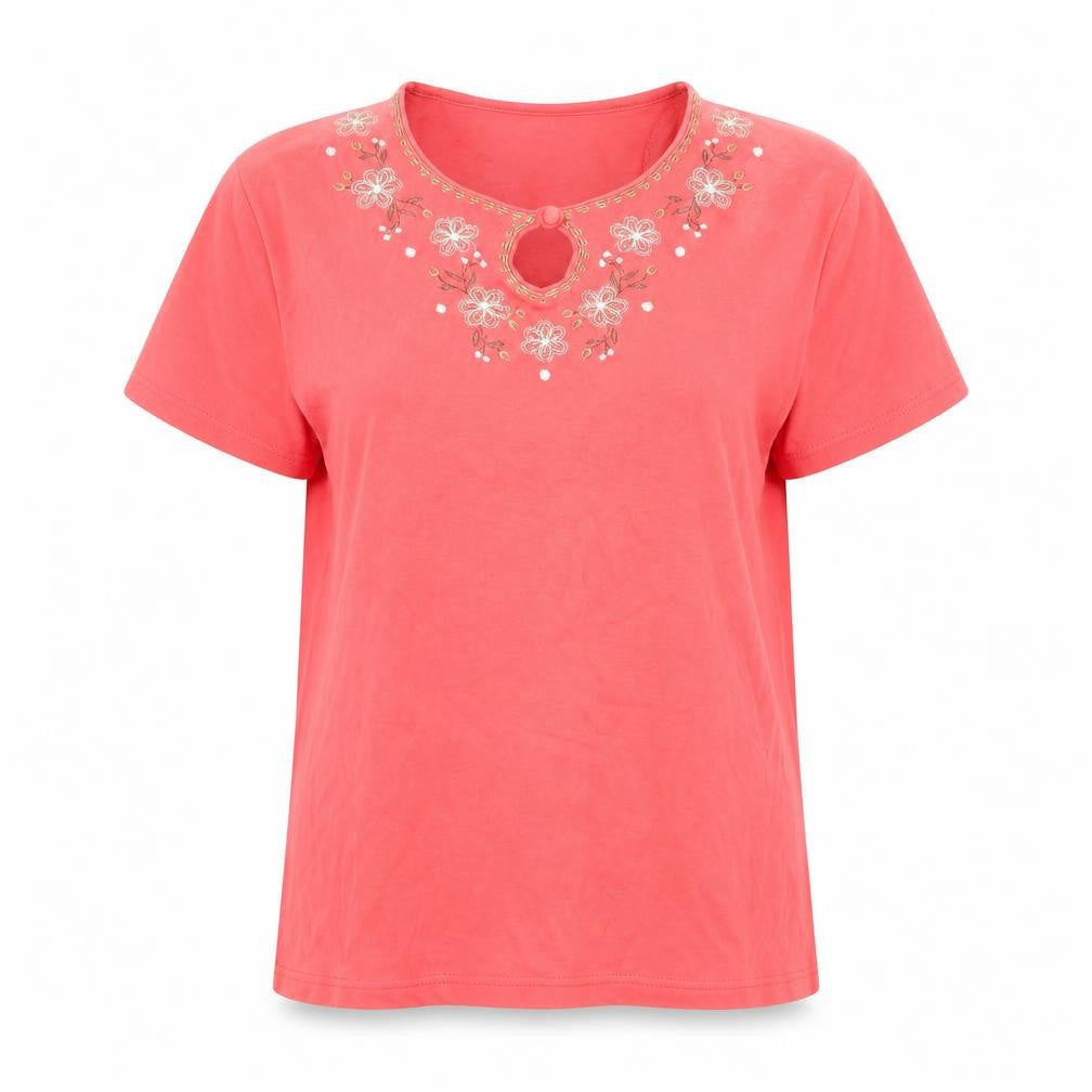 EWM Women Pink Embroidered Floral Cotton T-Shirt Size 14-16