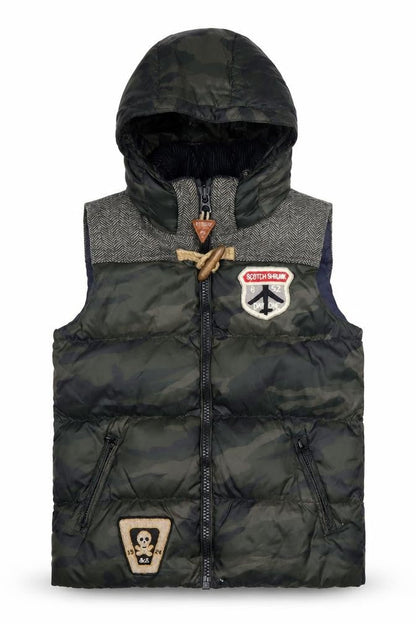 Front view of Scotch Shrunk boys’ green camo hooded bodywarmer jacket, size 10, years
