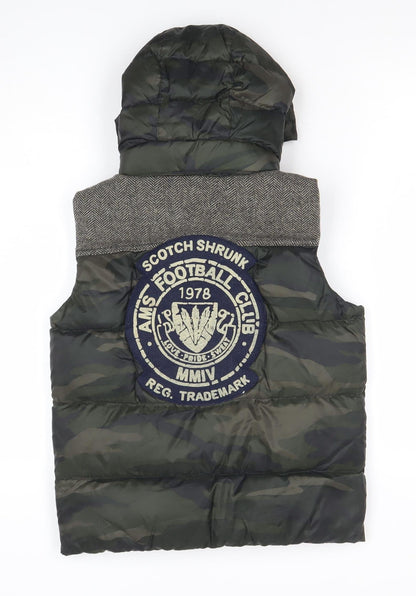 Close-up detail of Scotch Shrunk boys’ green camo hooded bodywarmer jacket, size 10, years