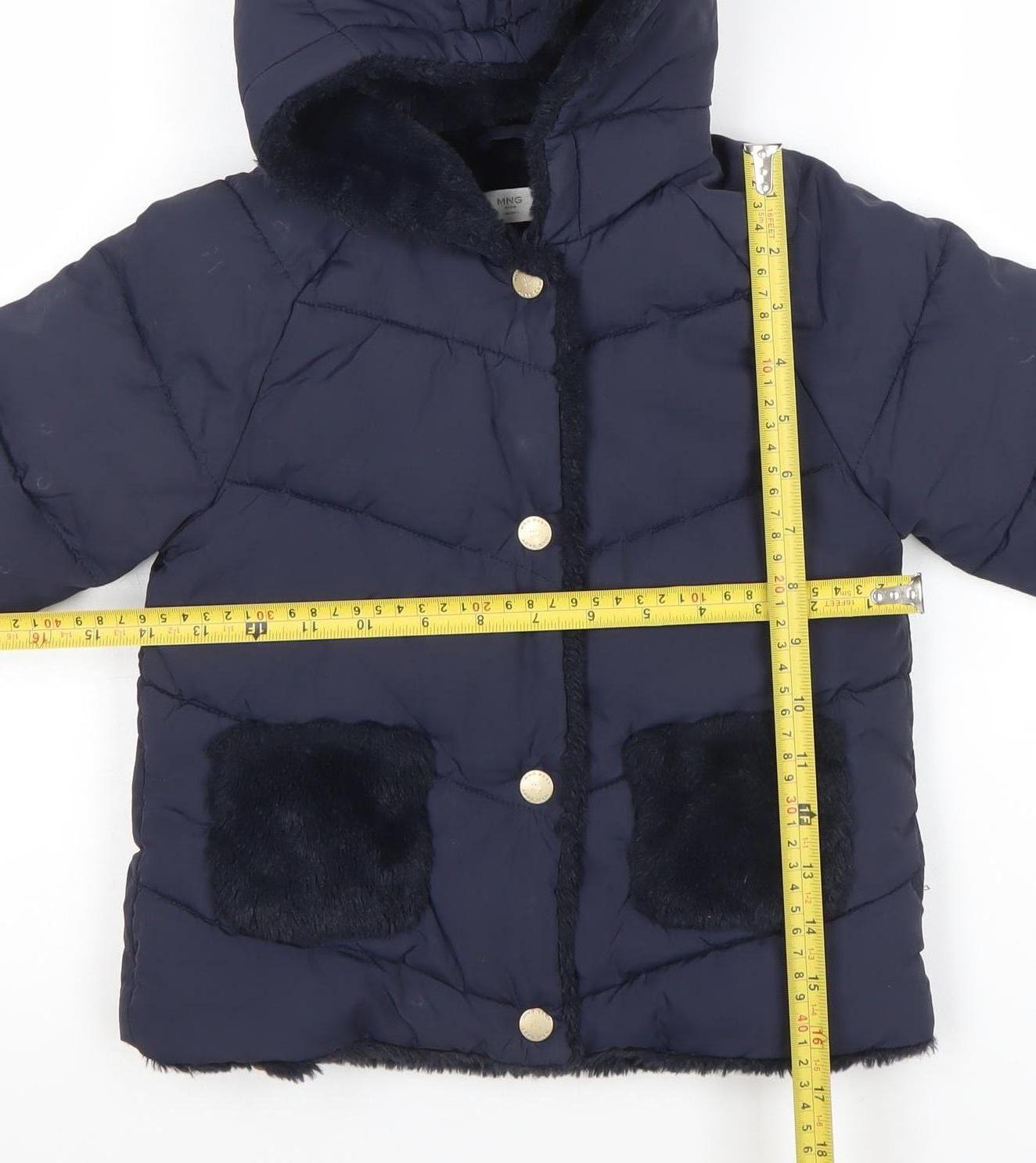 Mango Girls Blue Hooded Faux Fur Trim Puffer Jacket 3 Years