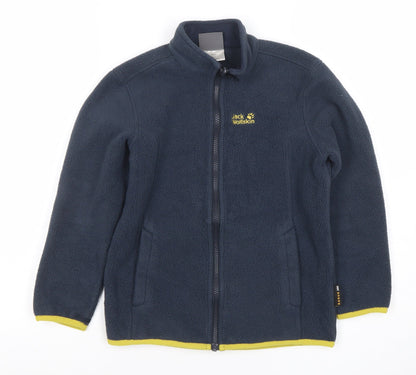 Front view of Jack Wolfskin boys’ blue full zip fleece jacket, size 12, years