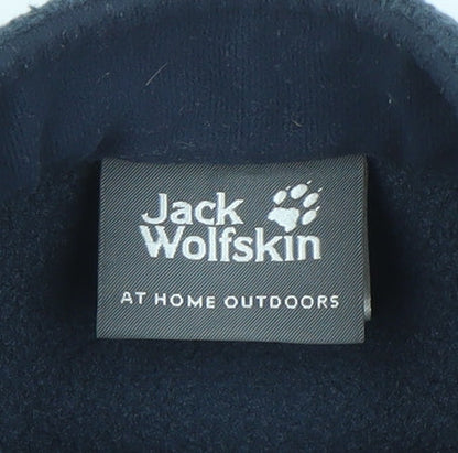 Brand and care label for Jack Wolfskin boys’ blue full zip fleece jacket, size 12, years