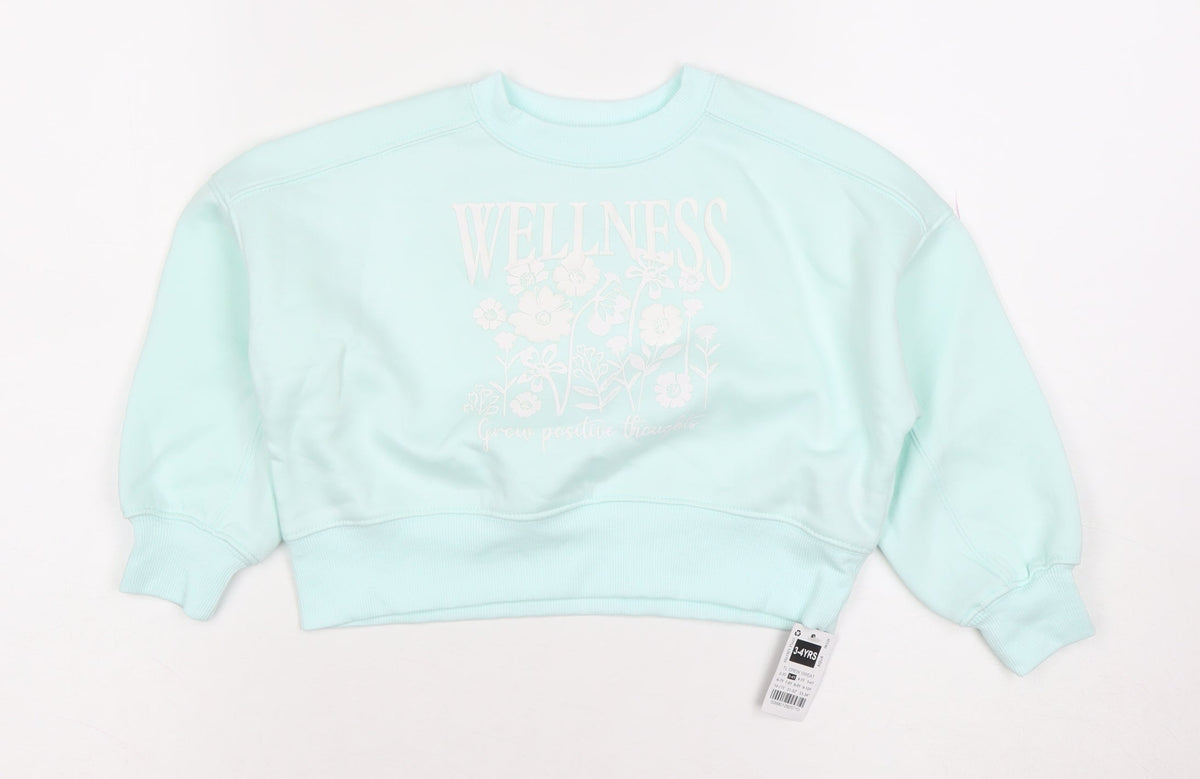 Dunnes Girls Blue Wellness Floral Graphic Pullover Sweatshirt 3-4 Years