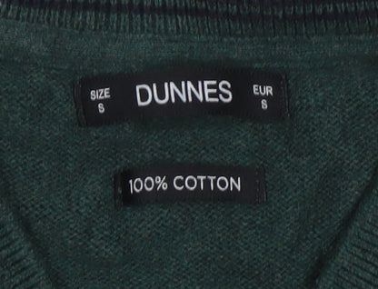 Brand and care label for Dunnes Men Green Cotton V-Neck Jumper, size S, Regular Fit