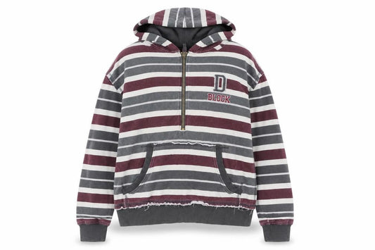 Okey-Kool Women Grey Burgundy Stripe Hoodie Size 16 Half Zip Casual