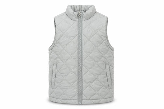 Front view of Lands’ End girls’ grey quilted padded waistcoat gilet, size 6, years