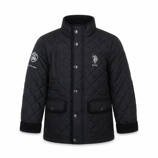 Front view of U.S. Polo Assn. boys’ black quilted mid-length jacket 6-7 years