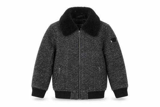 Front view of River Island girls’ grey wool blend bomber jacket 2-3 years lined zip