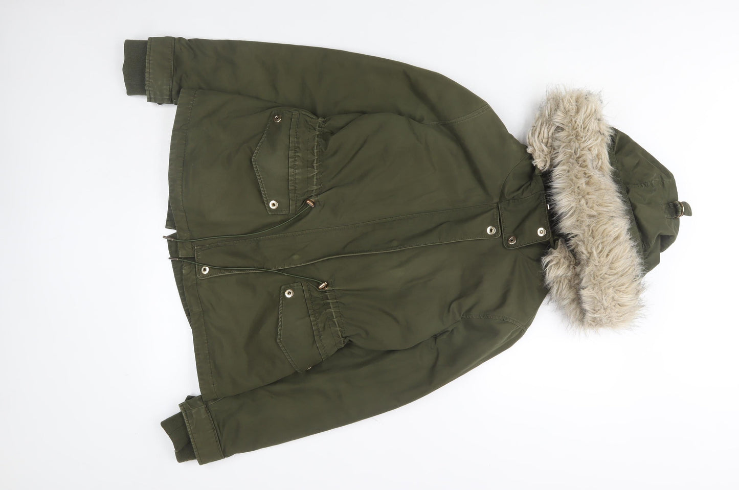 ZARA Women Green Fur Hood Parka Jacket Size S