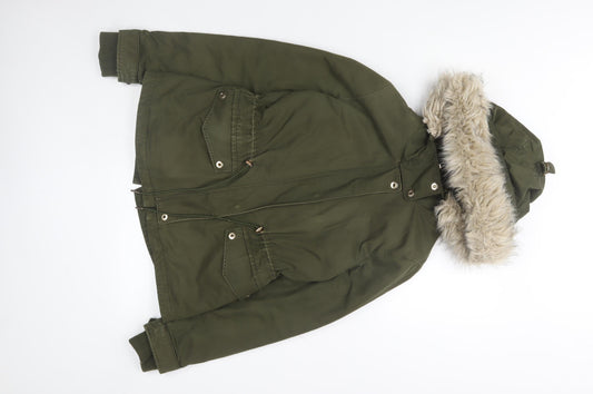 ZARA Women Green Fur Hood Parka Jacket Size S