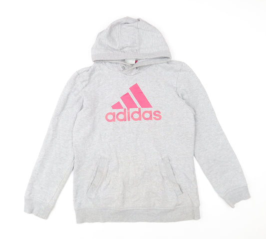 Adidas Women Grey Pink Logo Pullover Hoodie Size 12