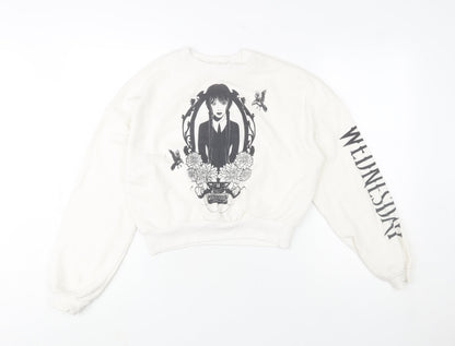 Additional front view of H&M girls’ white wednesday addams graphic pullover sweatshirt 14 years