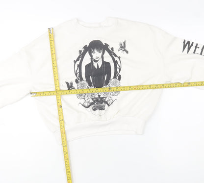 Back view of H&M girls’ white wednesday addams graphic pullover sweatshirt 14 years