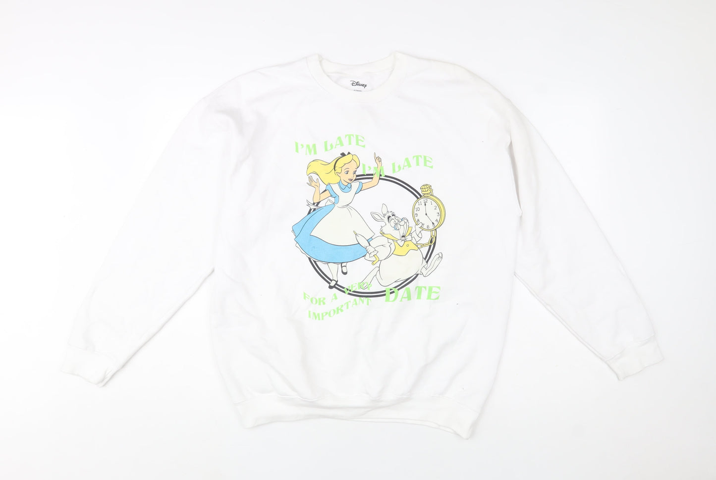 Disney Women's White Alice in Wonderland Sweatshirt L Graphic Print Pullover