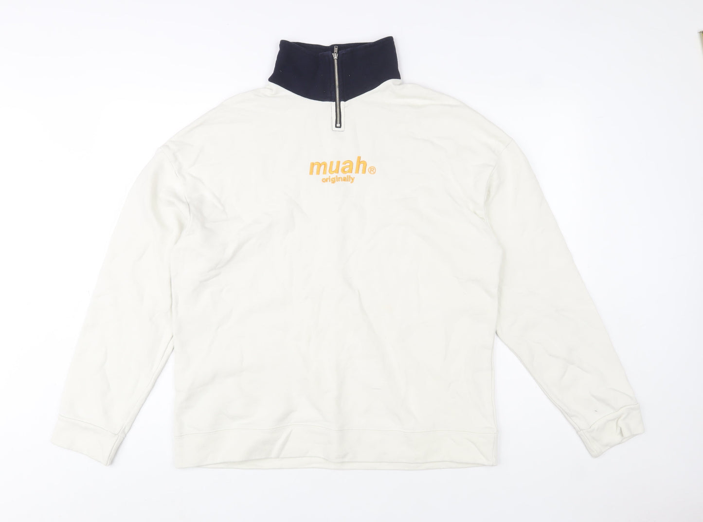 Muah Muah Unisex White 1/4 Zip Cotton Sweatshirt M