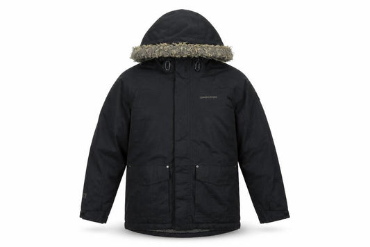 Front view of Craghoppers boys’ black waterproof insulated hooded parka coat 9-10 years