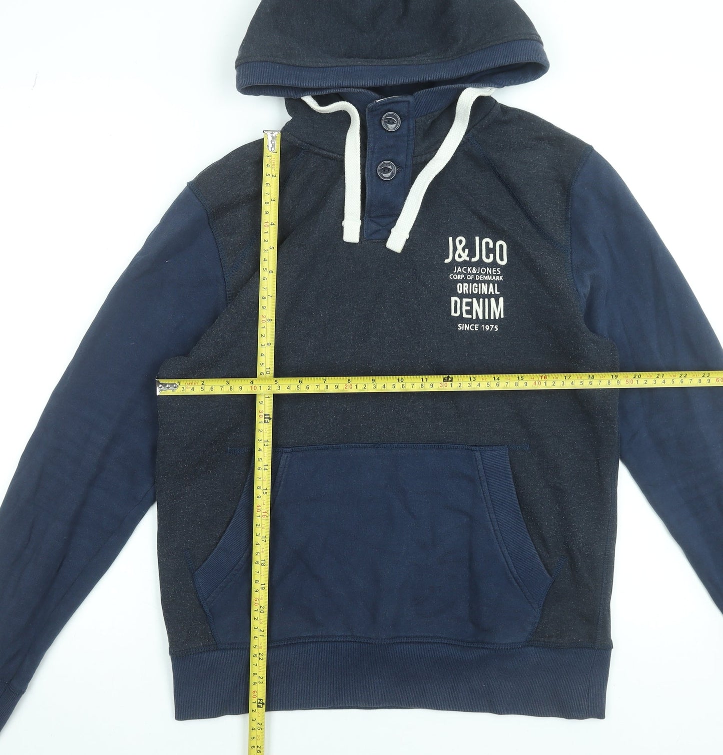 Jack & Jones Men's Blue Henley Hoodie Size M Graphic Print Hooded Sweatshirt