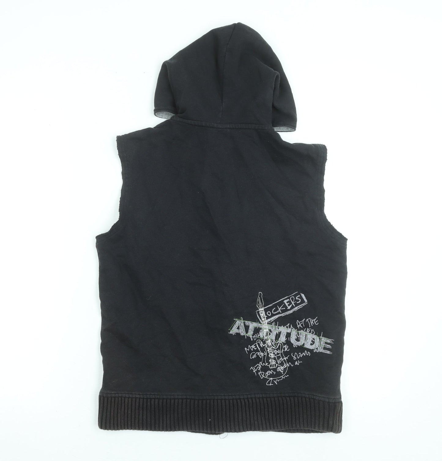 Next Boys Black Sleeveless Full Zip Hoodie Vest 9 Years 100% Cotton Rock Print