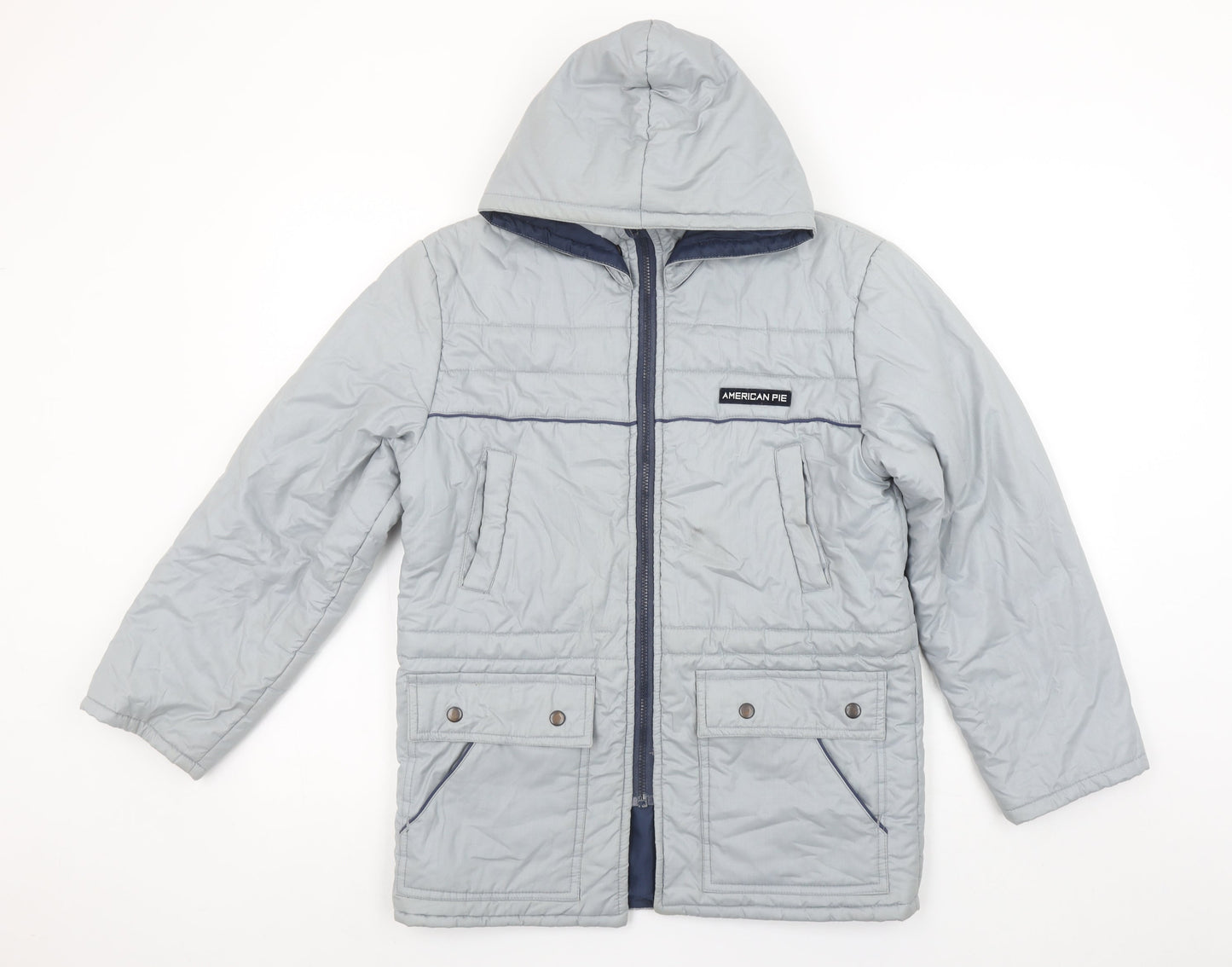 American Pie Boys Grey Hooded Puffer Jacket Size 2 Years Polyester Cotton