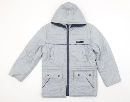 Additional front view of American Pie boys’ grey hooded puffer jacket, size 2, years polyester cotton