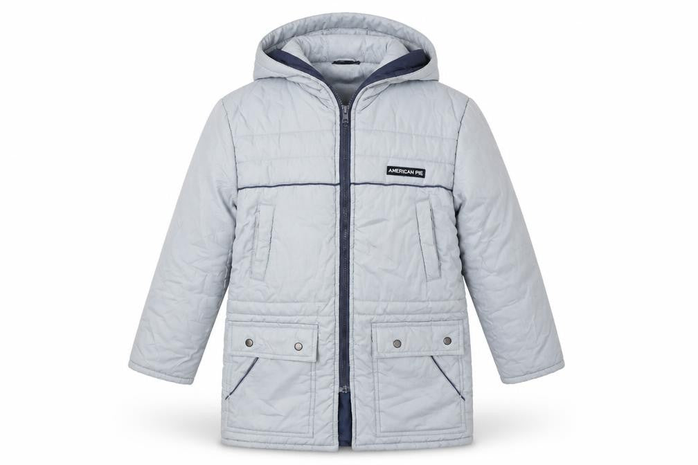American Pie Boys Grey Hooded Puffer Jacket Size 2 Years Polyester Cotton