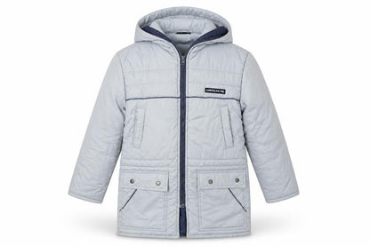 Front view of American Pie boys’ grey hooded puffer jacket, size 2, years polyester cotton