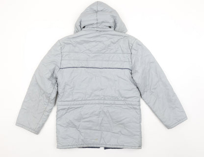 Close-up detail of American Pie boys’ grey hooded puffer jacket, size 2, years polyester cotton