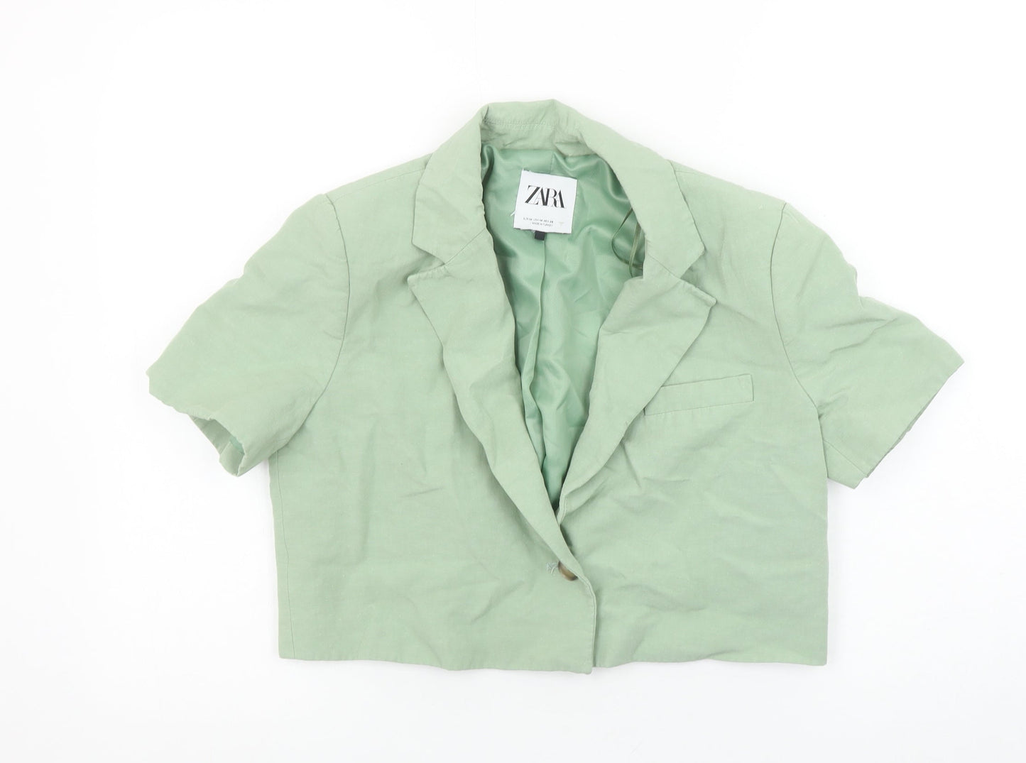 Zara Women's Green Cropped Short Sleeve Blazer M Linen Blend