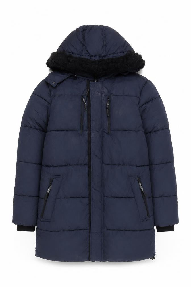 River Island Men's Blue M Long Puffer Hooded Winter Coat