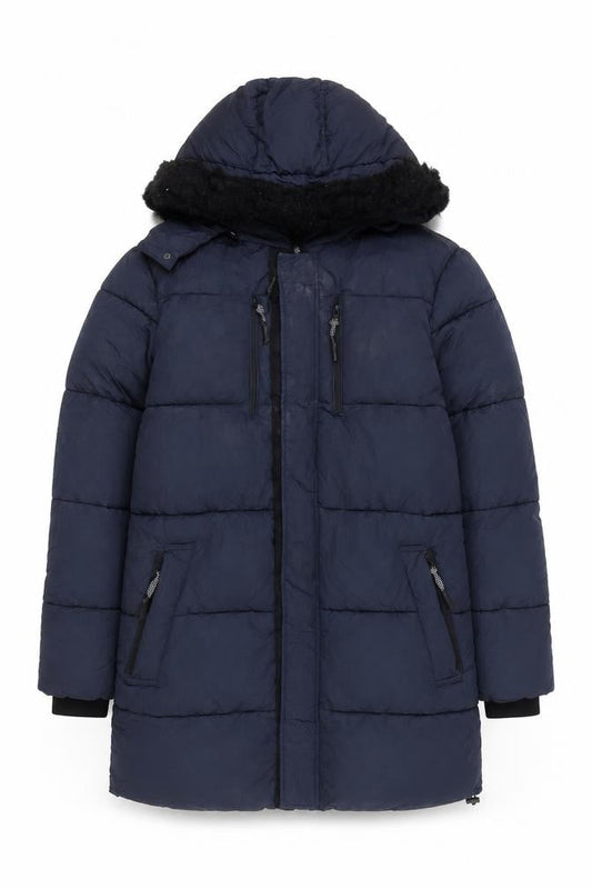 River Island Men's Blue M Long Puffer Hooded Winter Coat
