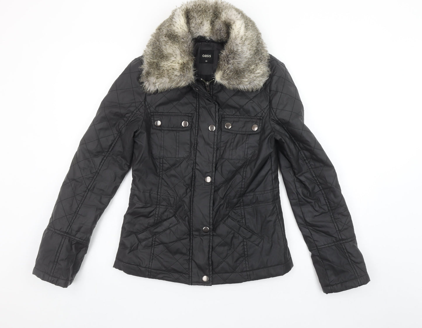 Oasis Women's Black Quilted Faux Fur Collar Jacket XS