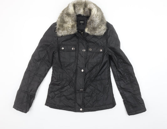 Oasis Women's Black Quilted Faux Fur Collar Jacket XS