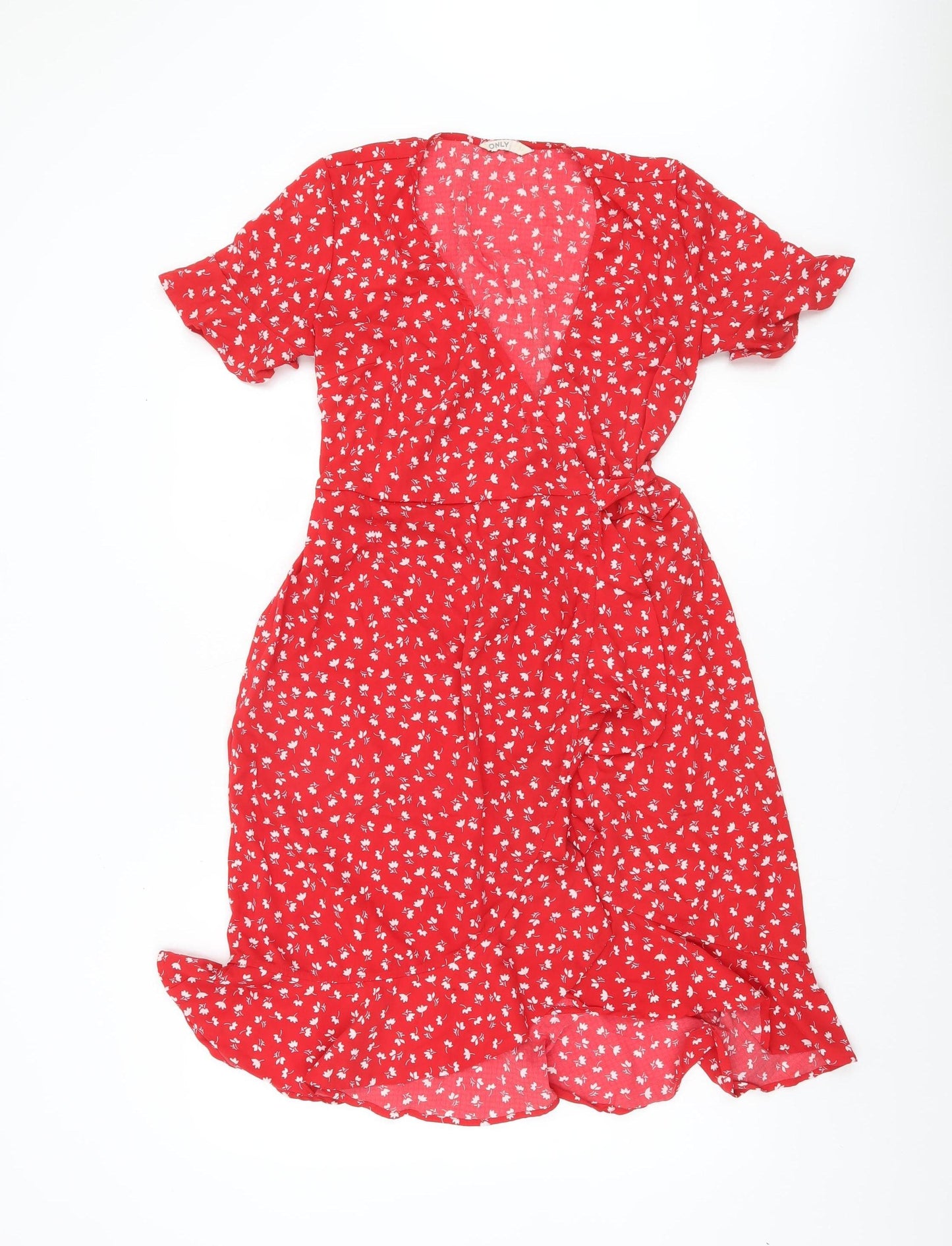 ONLY Women’s Red Floral Wrap Dress Size 8 Short Sleeve Knee Length