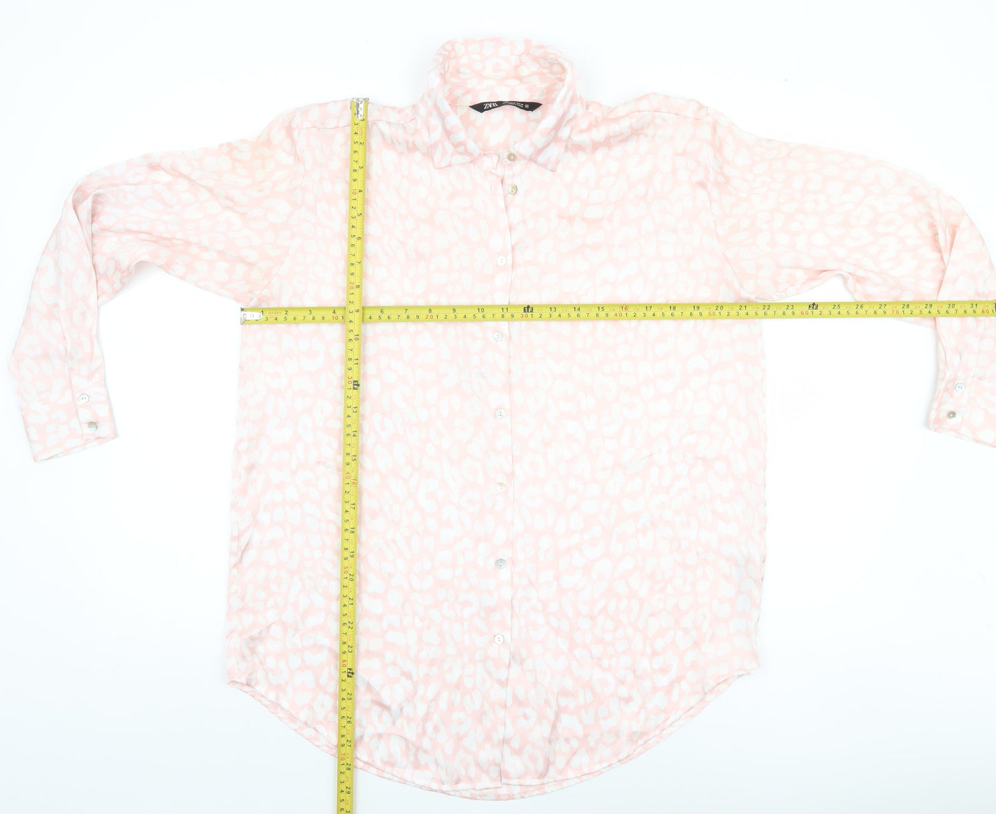ZARA Womens Pink Animal Print Long Sleeve Button-Up Blouse Size M