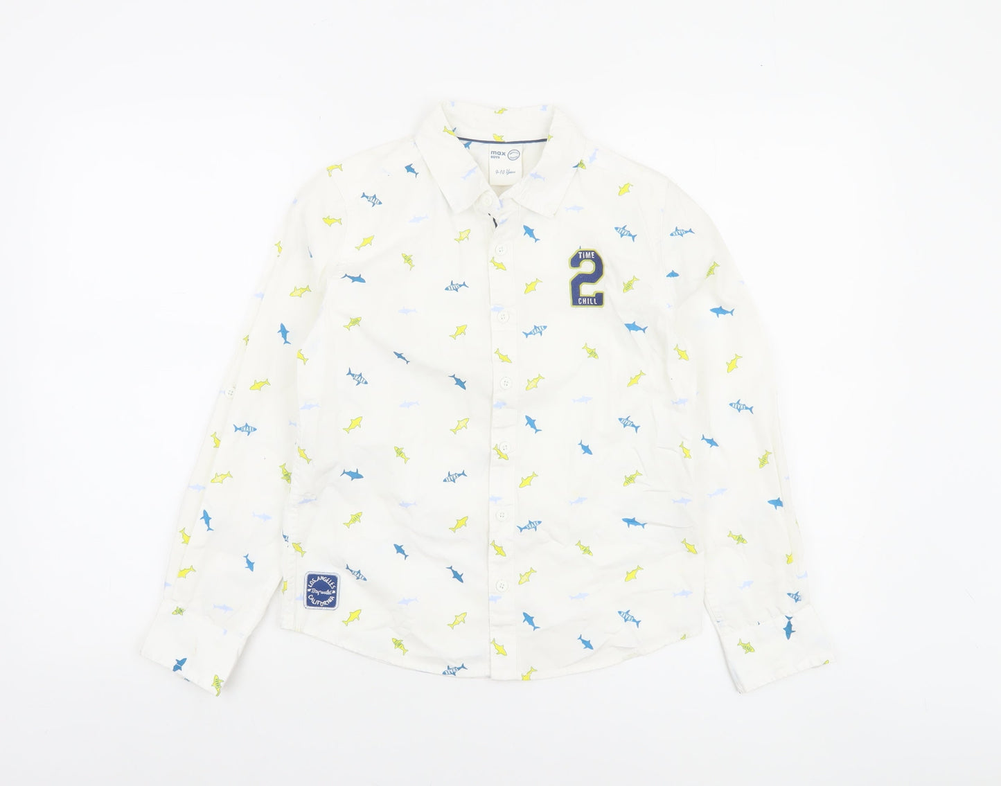Max Boys White Shark Print Long Sleeve Cotton Button-Up Shirt 9-10 Years