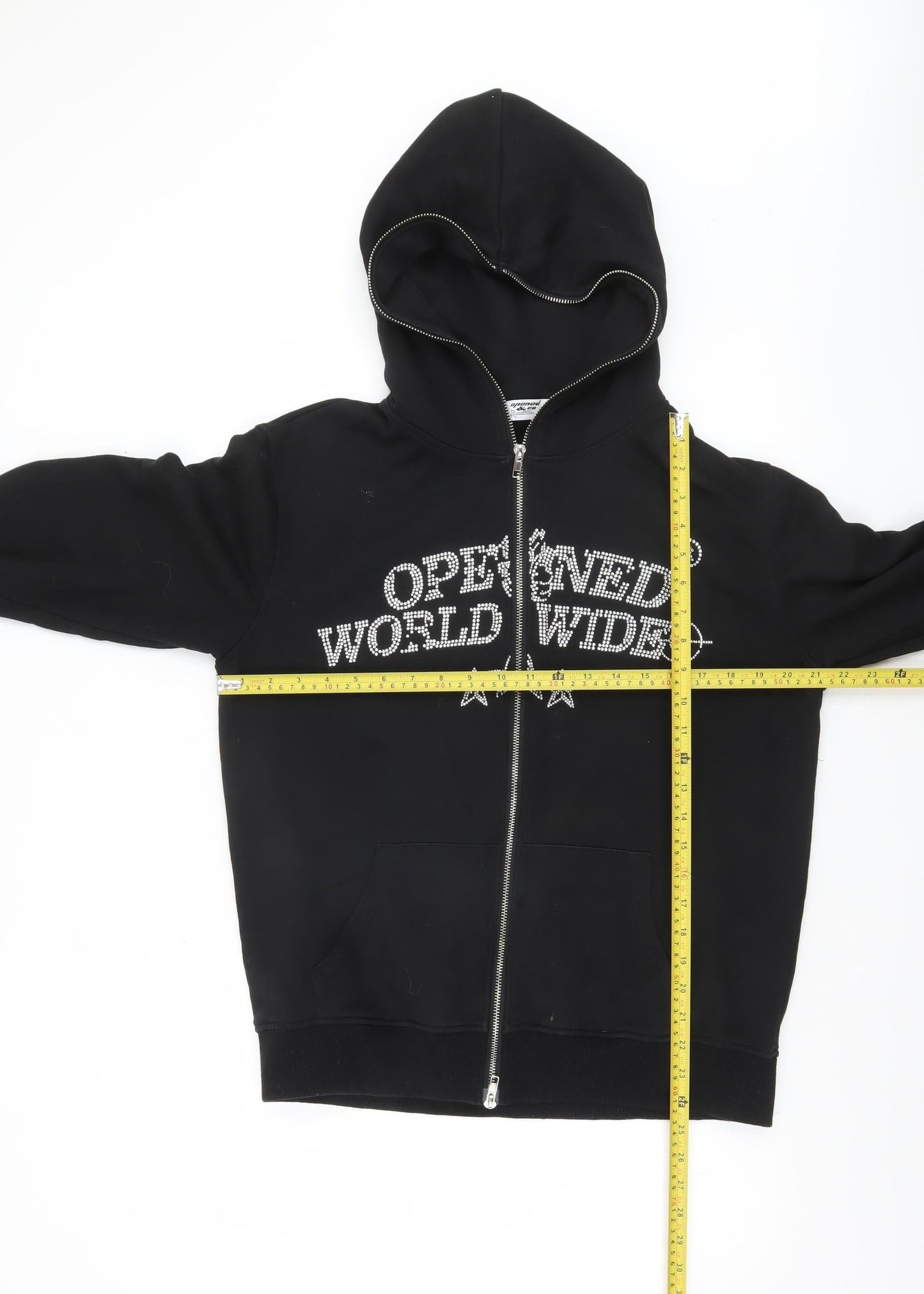 Opened & Co Men's Black Full Zip Hoodie S Rhinestone Logo
