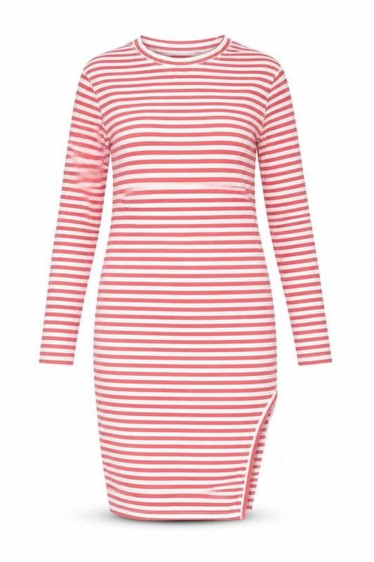 Front view of Missguided Women’s Red Striped Bodycon Jersey Dress, size UK 10