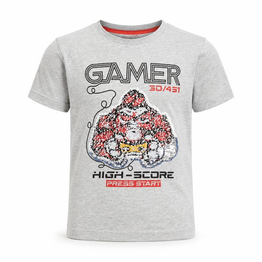 Next Boys Grey Sequin Gamer Graphic Short Sleeve Cotton T-Shirt 8 Years